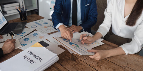 Canvas Print - Business team discussing working analyzing with financial data and marketing growth report graph in team, presentation on laptop in office