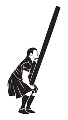 Caber toss vector icon. Scottish strongman athlete. Scotland man in kilt tossing the caber at highland games. Line art illustration. Logo idea. Black silhouette with white line.