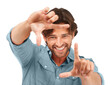© Shrikant/peopleimages.com - Man, hand frame and portrait with smile, photography or film for creative video by png background. Isolated male model, content creator or excited director with production, social network or movies