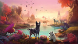 Fototapeta Zwierzęta - Fantastical dream dogs in natural landscape painting, with water, trees, and sky, featuring mammals, birds, and plants, generative AI.
