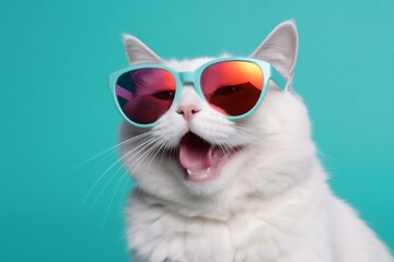 pet colourful animal funny neon portrait fashion cute sunglasses cat. Generative AI.