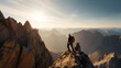 Daring rock climber conquering mountainous terrain at sunrise, breathtaking landscape with sky, clouds, and horizon, outdoor adventure travel, generative AI.