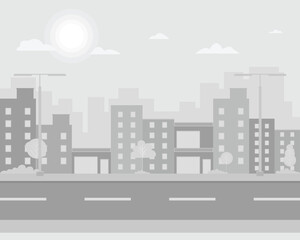 Wall Mural - Light gray color cityscape background. City buildings and trees beside the road. Monochrome urban landscape beside the street. Flat style illustration. Vector illustration background.