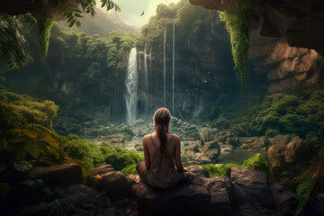 Wall Mural - Woman meditating in nature in front of a waterfall. Generative AI