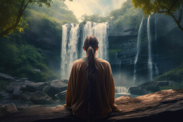 Wall Mural - Woman meditating in nature in front of a waterfall. Generative AI