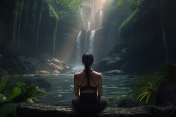 Wall Mural - woman meditating in nature in front of a waterfall. generative ai