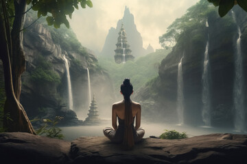 Wall Mural - woman meditating in nature in front of a waterfall. generative ai