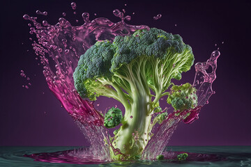 Wall Mural - Levitation broccolis with drops of water splash, isolated on magenta background, organic healthy, flying food, AI generative