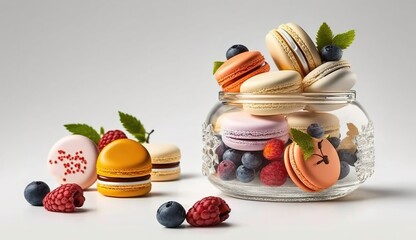 Wall Mural - In the face Cookies, candies, and berries decorate a white plate of French macarons. Generative AI