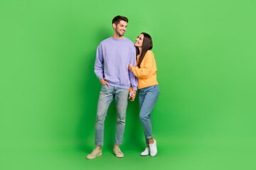 Canvas Print - Full body portrait of two peaceful cheerful partners hug hold hands look each other isolated on green color background