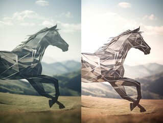 Two pictures of a horse in the middle of a field. AI generative image.