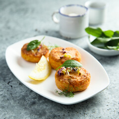 Poster - Traditional homemade fish cakes with lemon