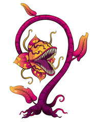 Carnivorous plant. Cartoon flytrap or flower predator. Angry flower with teeth. Monster plant icon.  illustration