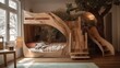 © ArtStage - A whimsical treehouse-inspired bed with a built-in slide. AI generated