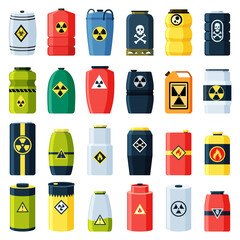 Toxic chemical barrels. Steel tanks with radioactive waste. Containers with oil drop, crossbones, radiation and biohazard icons in flat style. Dangerous substance. Storage of nuclear components