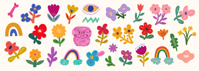 Wall Mural - Colourful cartoon vector collection with cute dog, flowers and bouquets. 