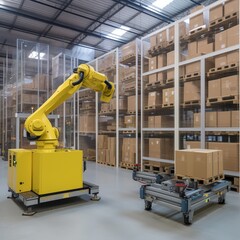 Poster - Robot arm and automated robot carriers in a smart distribution warehouse. generative ai