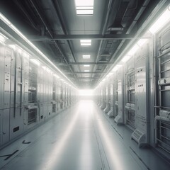 Poster - corridor of an automated car plant. Digitally generated image of large vehicle manufacturing factory. generative ai