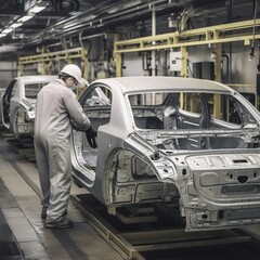 Sticker - Workers on car production line in car factory. generative ai