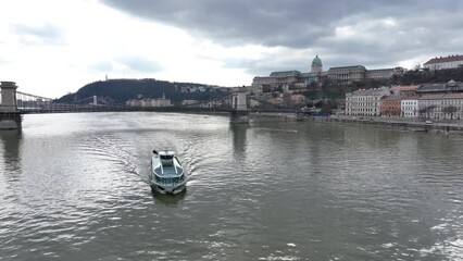 Poster - Danube River Ferry Cruises in Budapest, Boat Tours. Hungary. Buda Palace in Background