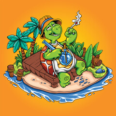 Wall Mural - Turtle Chill and smoke on the beach cartoon