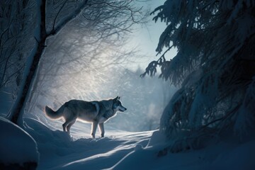 Poster - Majestic wolf in a winter landscape, surrounded by snow and icy trees. Generative AI