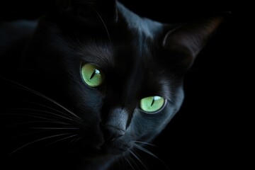 Poster - Minimalist portrait of a sleek black cat, with piercing green eyes and subtle shadows. Generative AI