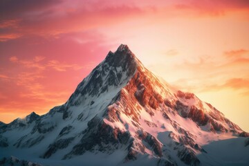 Canvas Print - Snow-covered mountain peak, stretching upwards towards the sky and bathed in the warm glow of a sunrise. Generative AI