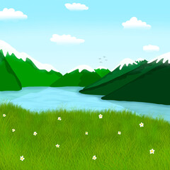 Landscape illustration design drawing of nature mountain sky grass field river