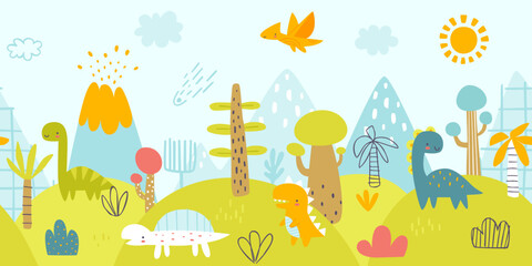Wall Mural - cute jurassic landscape with funny dino. scandinavian print with prehistorical panorama for baby wal