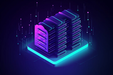 Wall Mural - Cloud storage for downloading. A digital service or application with data transmission. Network computing technologies. Futuristic Server. Digital space. Data storage. Vector Isometric illustration.