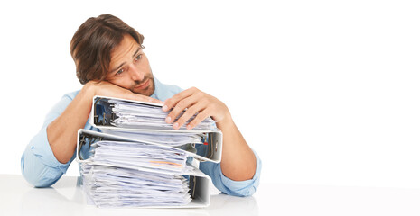 Wall Mural - Accounting, thinking and man with stack of folders isolated on transparent png background. Burnout, pile of documents and accountant or sad business person, depressed or fatigue, overwork or stress