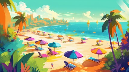 Vibrant and lively digital artwork of a beach paradise with palm trees. Generative AI.