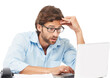 © Shrikant/peopleimages.com - Laptop, business man and stress or shocked about bad tech, glitch or internet problem. Male entrepreneur person with depression and technology for reading news isolated on transparent, png background