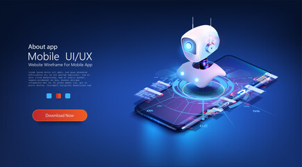 Fototapete - Cute neon cartoon robot. AI Content Generator. Chatbot technology, isometric.  AI chatbot based on artificial intelligence and neural networks. Artificial intelligence in science and business. Vector