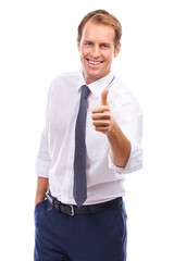 Thumbs up, business and portrait of man on png for approval, agreement and support. Feedback, well done and like emoji with male executive isolated on transparent background for success and yes sign