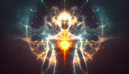 Wall Mural - astral yoga silhouette of human in cosmic space meditate. practicing transcendental spiritual medita