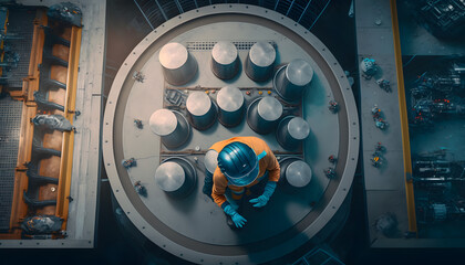 Electrical atomic station, Engineer man checks reactor systems nuclear power plant. Generation AI
