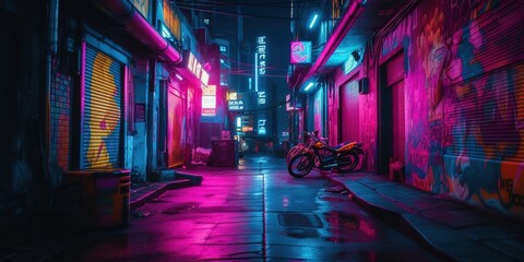 Generative AI, Night scene of after rain city in cyberpunk style, futuristic nostalgic 80s, 90s. Neon lights vibrant colors, photorealistic horizontal illustration.	
