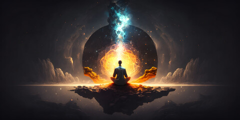 Wall Mural - astral yoga silhouette of human in cosmic space meditate. practicing transcendental spiritual medita