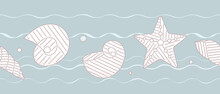 Line Vector Seamless Pattern Of Line With Seashells, Seastars. Marine Border For Textile, Package
