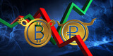Fototapeta Góry - bullish rur to bearish btc currency. foreign exchange market 3d illustration of russian ruble to digital bitcoin. money represented  as golden coins