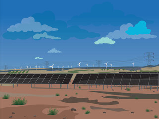 Wall Mural - Photovoltaic plant that illuminates homes and protects the environment. Solar panels transform the sun's rays into usable electrical energy. Land with some grass and in the background fields planted w