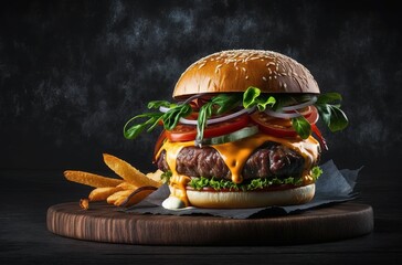 On a black backdrop, a mouthwatering burger is seen from the front. Generative AI