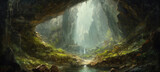 Fototapeta Natura - Deep down in forest canyon valley lies mysterious tunnels and caves, moss covered walls and misty river streams, adventurous exploration in a fantasy landscape - Generative AI