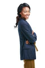 Black woman, portrait and corporate arms crossed of business employee, happy and smiling. Confident, proud and young African female worker and professional isolated on a transparent, png background