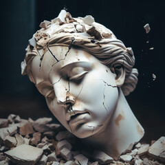 Poster - Broken ancient greek statue woman head falling in pieces. Broken marble female sculpture, cracking bust, concept of depression, memory loss, mentality loss or illness. AI generated