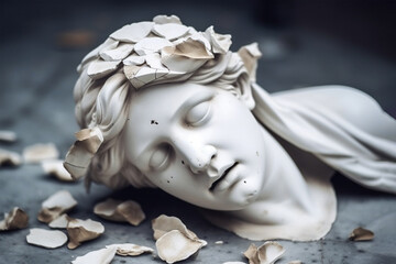 Poster - Broken ancient greek statue woman head falling in pieces. Broken marble female sculpture, cracking bust, concept of depression, memory loss, mentality loss or illness. AI generated