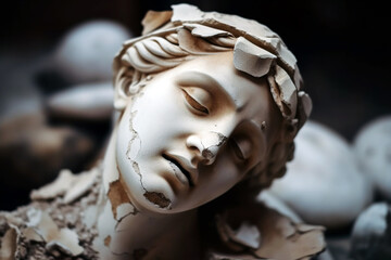 Wall Mural - Broken ancient greek statue woman head falling in pieces. Broken marble female sculpture, cracking bust, concept of depression, memory loss, mentality loss or illness. AI generated