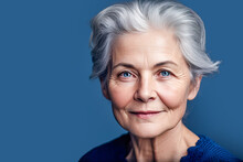 Generative AI Illustration Portrait Of Happy Elderly Woman With Gray Hair And Red Lips In Cozy Clothes Looking At Camera Against Blue Background